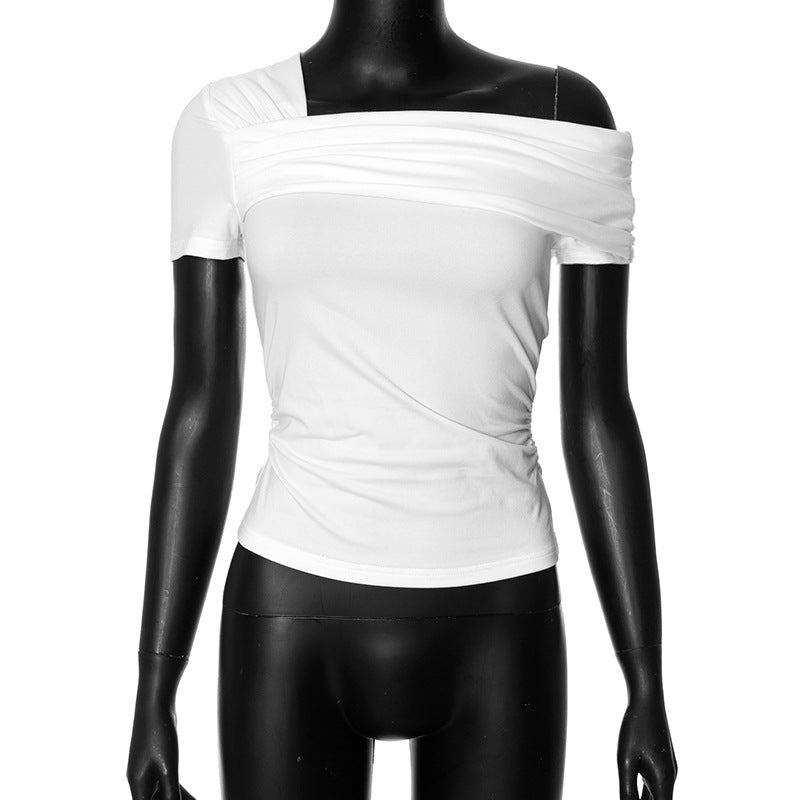 Wholesale Polyester Solid Color Single Shoulder Short Sleeved Open Back Pleated Top T-shirt